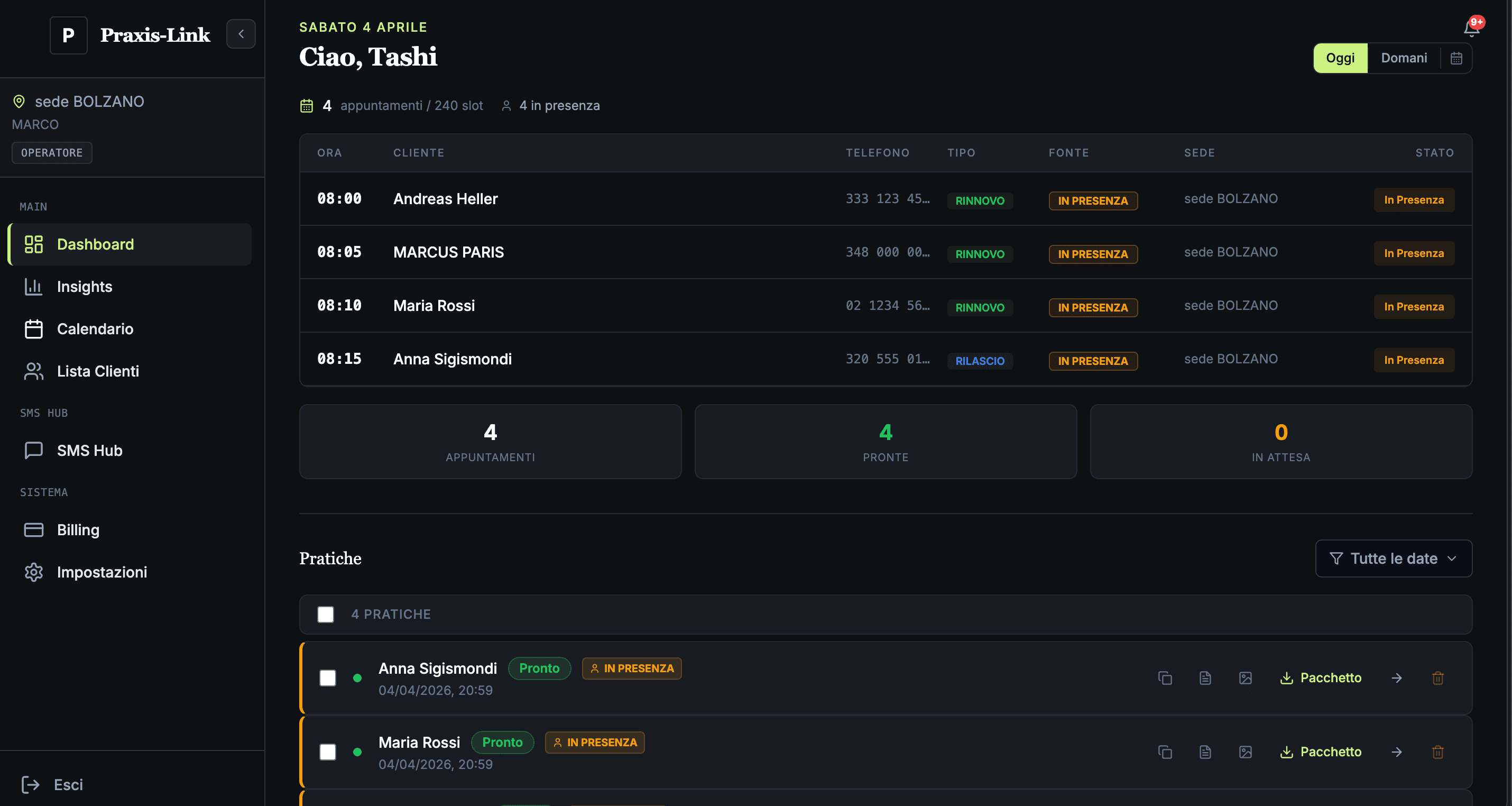 Praxis-Link Dashboard — appuntamenti del giorno